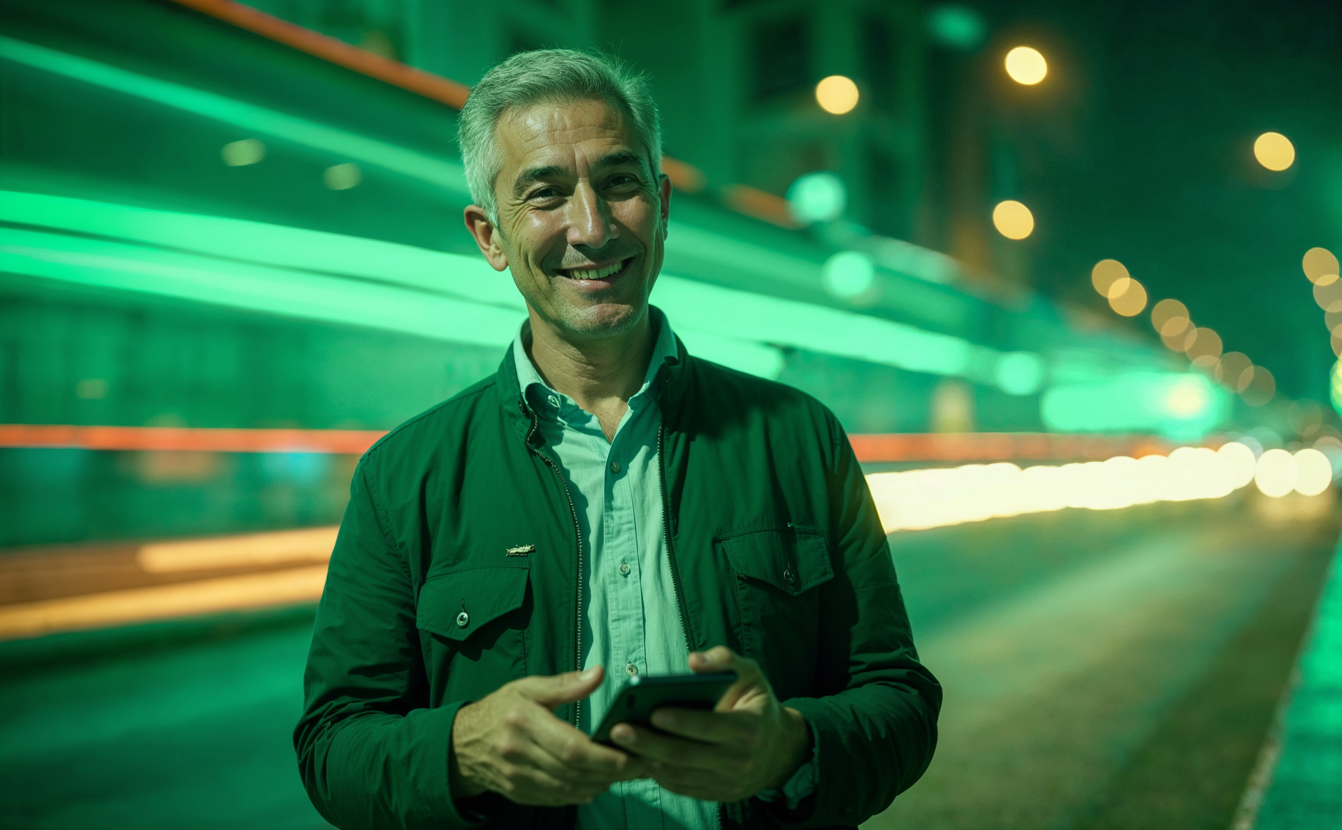 Homem sorrindo com luzes verdes ao fundo