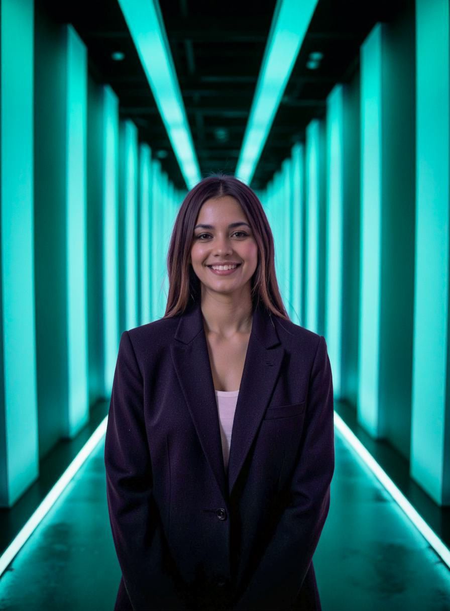 Mulher sorrindo em corredor tecnológico